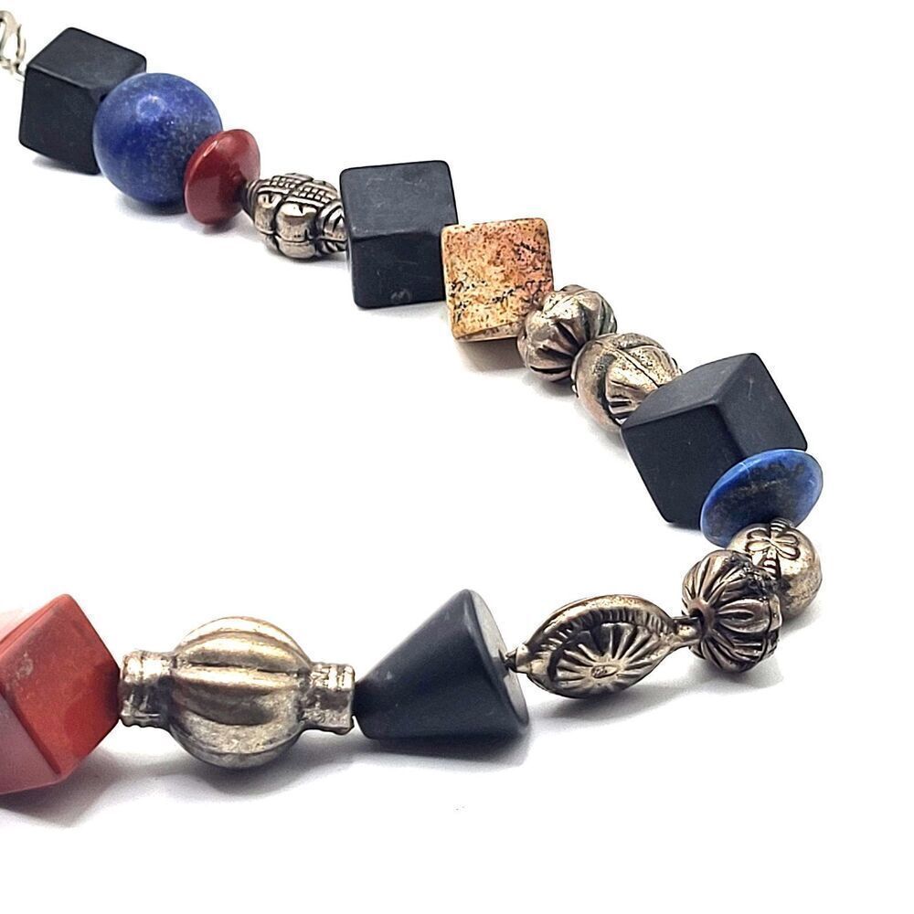 Chunky Funky Onyx Lapis Silver Agate Necklace 22in